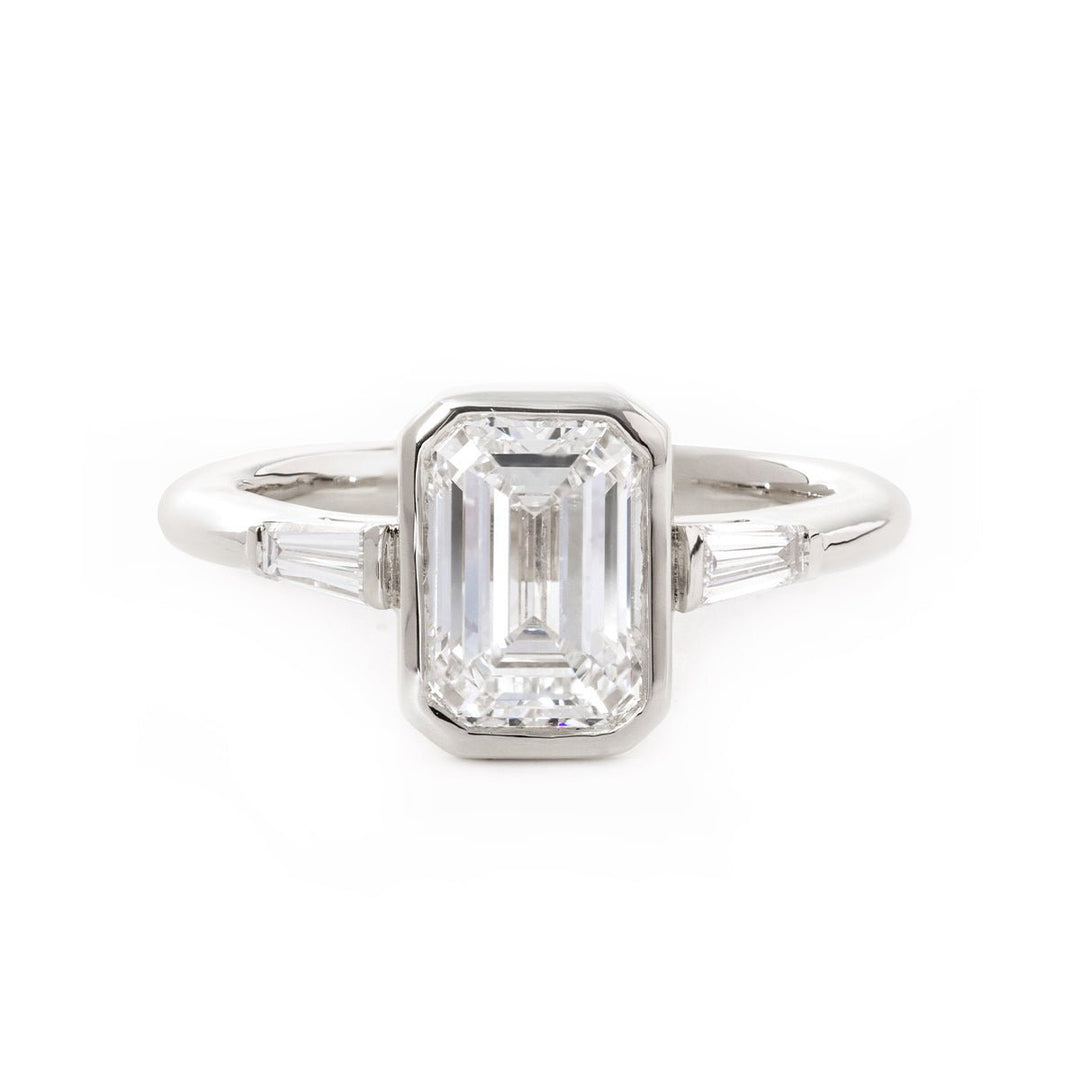 14K Yellow Gold 1.5ct Emerald Cut Lab Diamond Elongated Trapezoid Cut Three - stone Bezel Engagement Ring - FIORESE JEWELRY