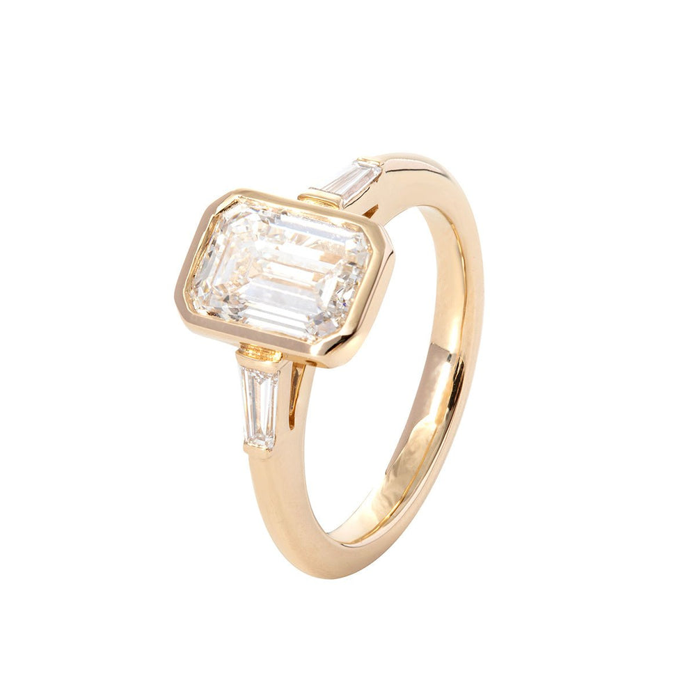 14K Yellow Gold 1.5ct Emerald Cut Lab Diamond Elongated Trapezoid Cut Three - stone Bezel Engagement Ring - FIORESE JEWELRY