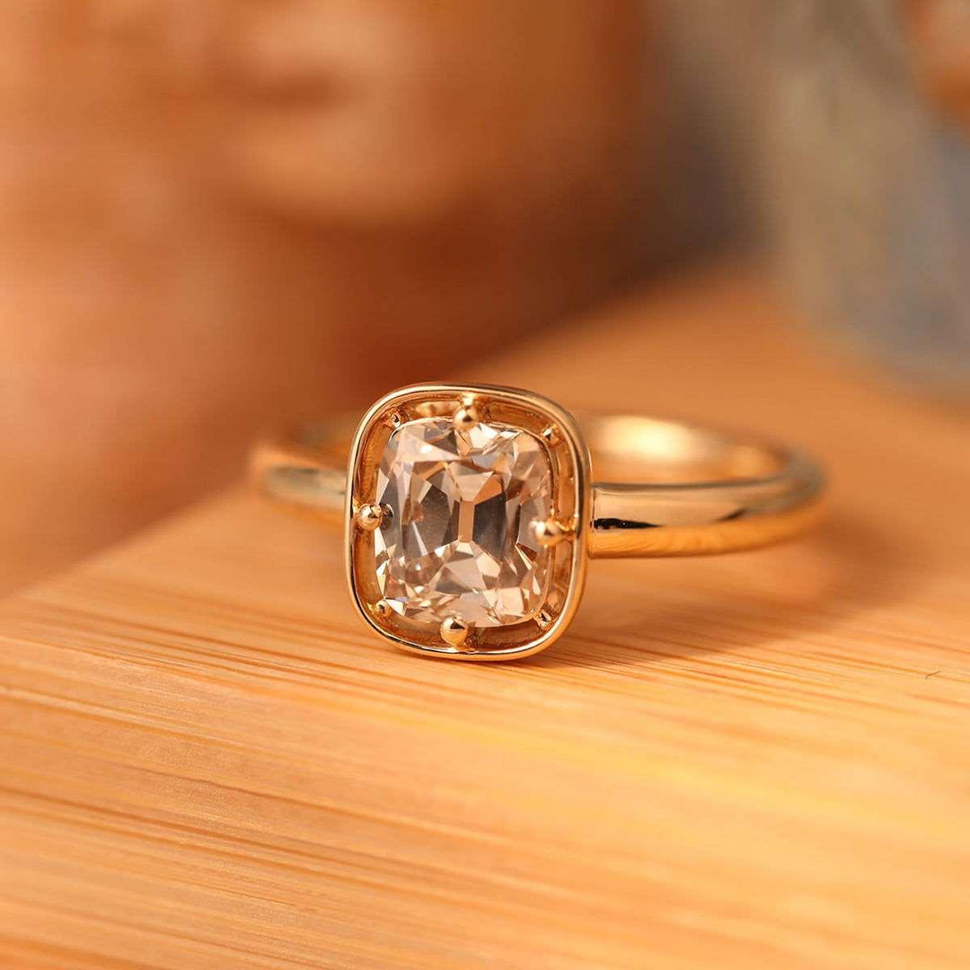 14K Yellow Gold 1.5ct Old Mine Cut Cushion Lab Diamond Basket Solitaire Ring - FIORESE JEWELRY