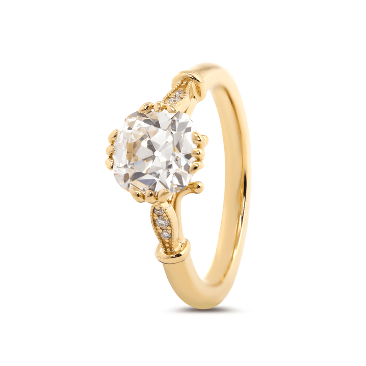 14K Yellow Gold 1.5ct Old Mine Cut Lab Grown Diamond Triple Prong Floral Basket Setting Vintage Ring – Art Nouveau Nature - Inspired Design - FIORESE JEWELRY
