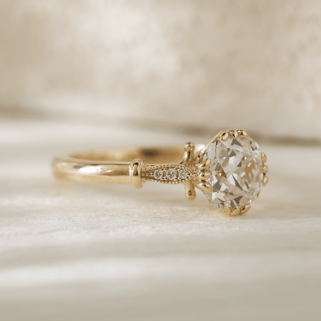 14K Yellow Gold 1.5ct Old Mine Cut Lab Grown Diamond Triple Prong Floral Basket Setting Vintage Ring – Art Nouveau Nature - Inspired Design - FIORESE JEWELRY