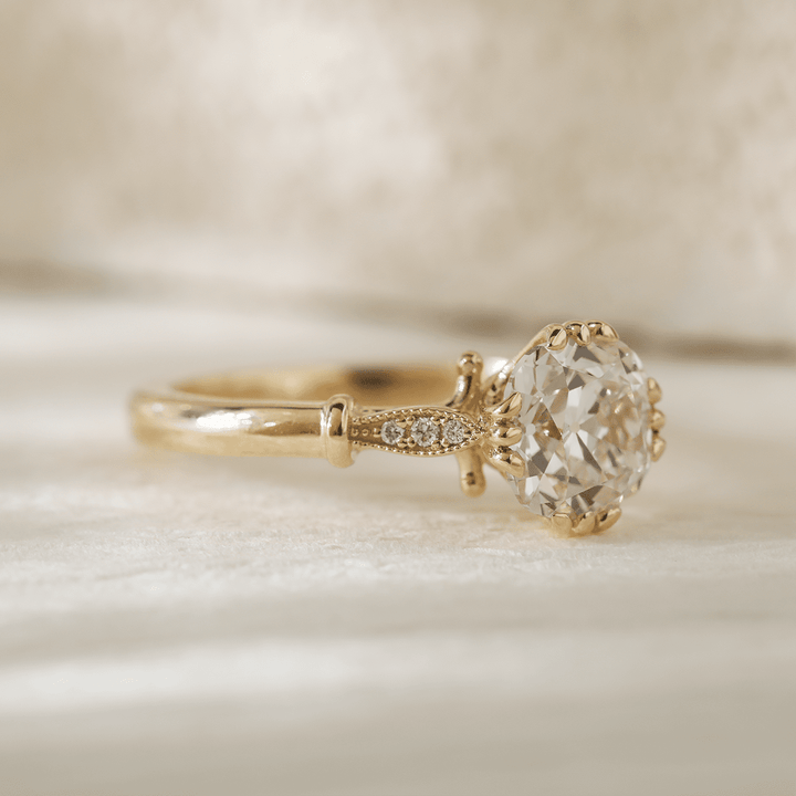 14K Yellow Gold 1.5ct Old Mine Cut Lab Grown Diamond Triple Prong Floral Basket Setting Vintage Ring – Art Nouveau Nature - Inspired Design - FIORESE JEWELRY