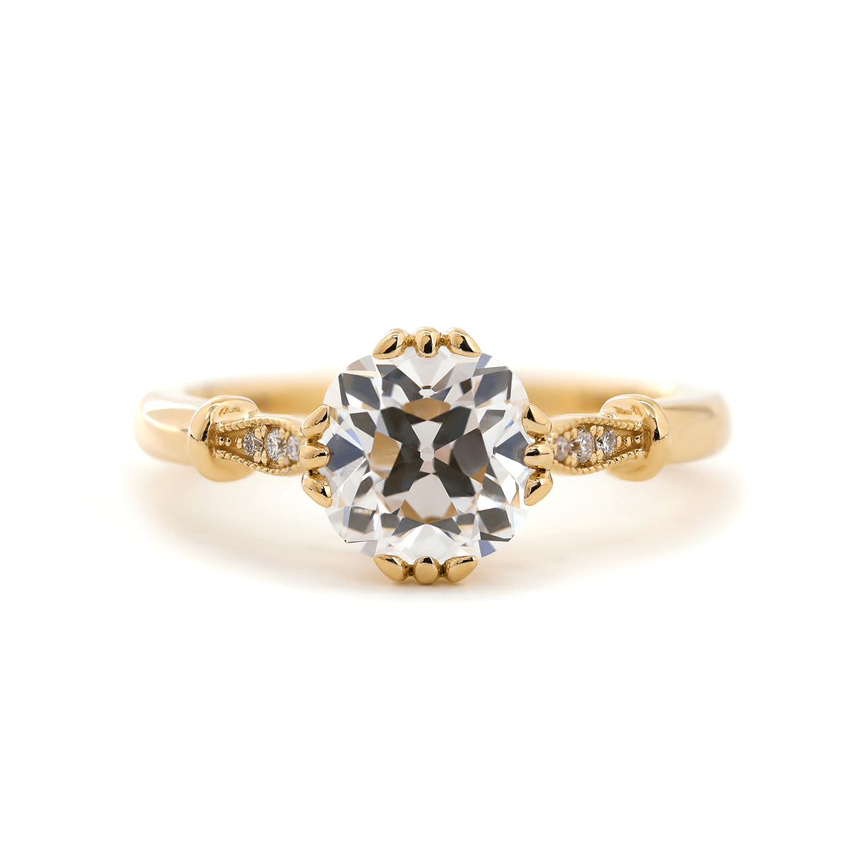 14K Yellow Gold 1.5ct Old Mine Cut Lab Grown Diamond Triple Prong Floral Basket Setting Vintage Ring – Art Nouveau Nature - Inspired Design - FIORESE JEWELRY