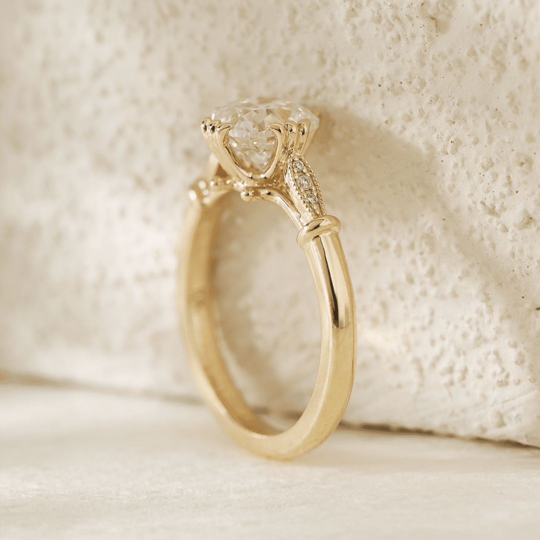 14K Yellow Gold 1.5ct Old Mine Cut Lab Grown Diamond Triple Prong Floral Basket Setting Vintage Ring – Art Nouveau Nature - Inspired Design - FIORESE JEWELRY