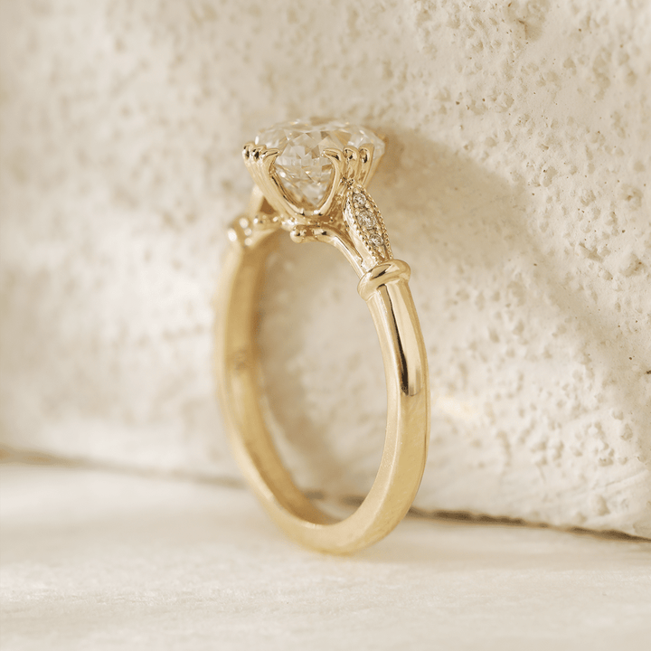14K Yellow Gold 1.5ct Old Mine Cut Lab Grown Diamond Triple Prong Floral Basket Setting Vintage Ring – Art Nouveau Nature - Inspired Design - FIORESE JEWELRY