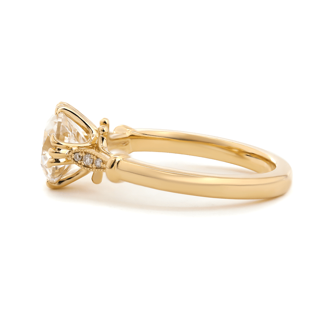 14K Yellow Gold 1.5ct Old Mine Cut Lab Grown Diamond Triple Prong Floral Basket Setting Vintage Ring – Art Nouveau Nature - Inspired Design - FIORESE JEWELRY