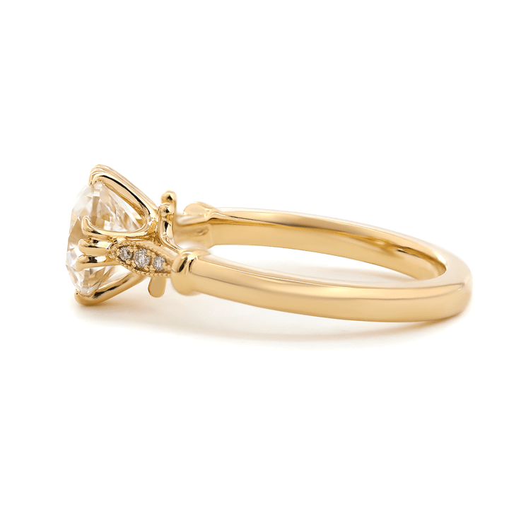 14K Yellow Gold 1.5ct Old Mine Cut Lab Grown Diamond Triple Prong Floral Basket Setting Vintage Ring – Art Nouveau Nature - Inspired Design - FIORESE JEWELRY