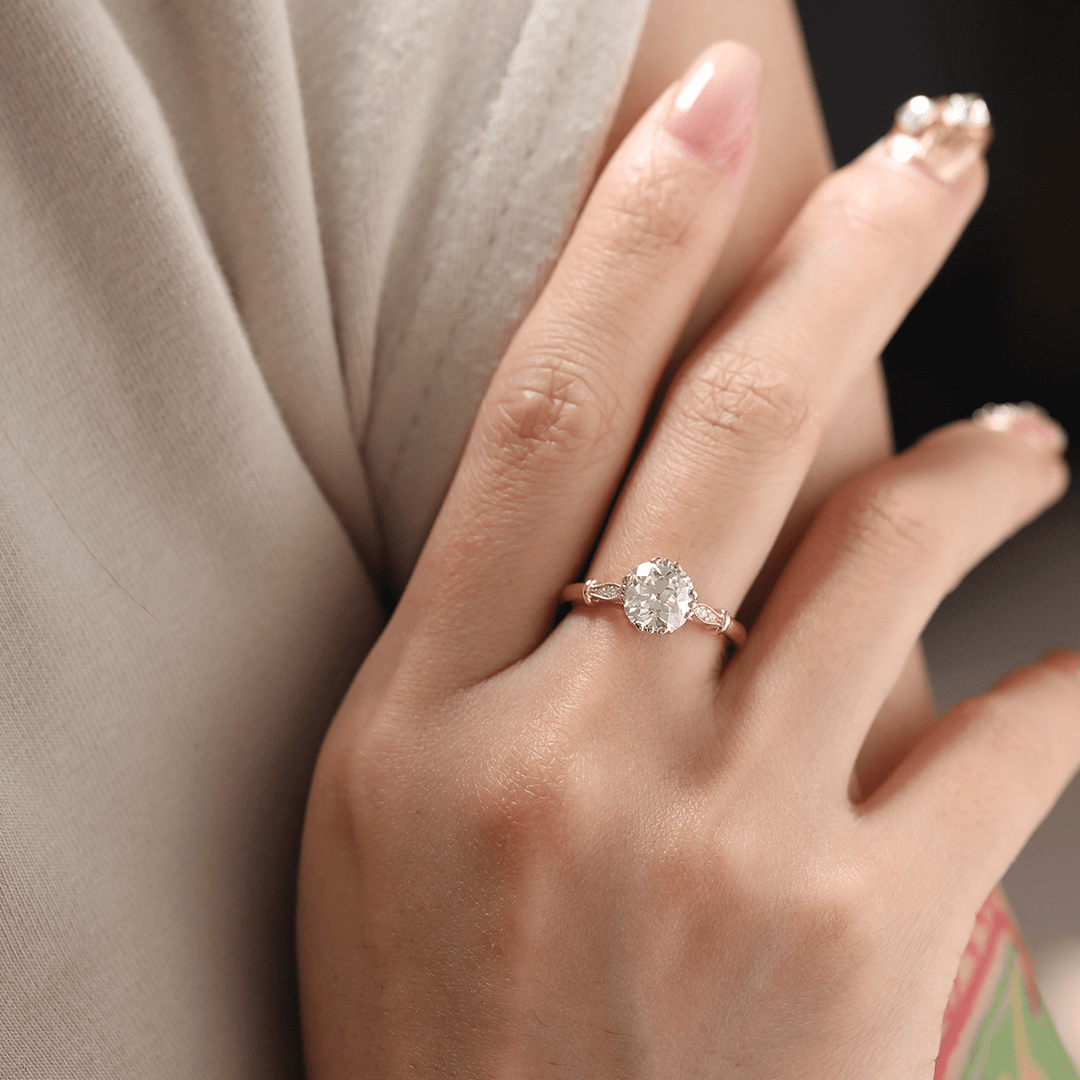 14K Yellow Gold 1.5ct Old Mine Cut Lab Grown Diamond Triple Prong Floral Basket Setting Vintage Ring – Art Nouveau Nature - Inspired Design - FIORESE JEWELRY