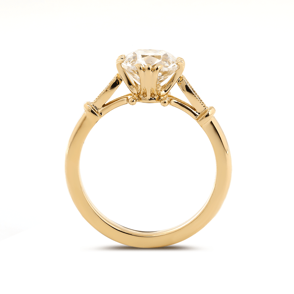 14K Yellow Gold 1.5ct Old Mine Cut Lab Grown Diamond Triple Prong Floral Basket Setting Vintage Ring – Art Nouveau Nature - Inspired Design - FIORESE JEWELRY