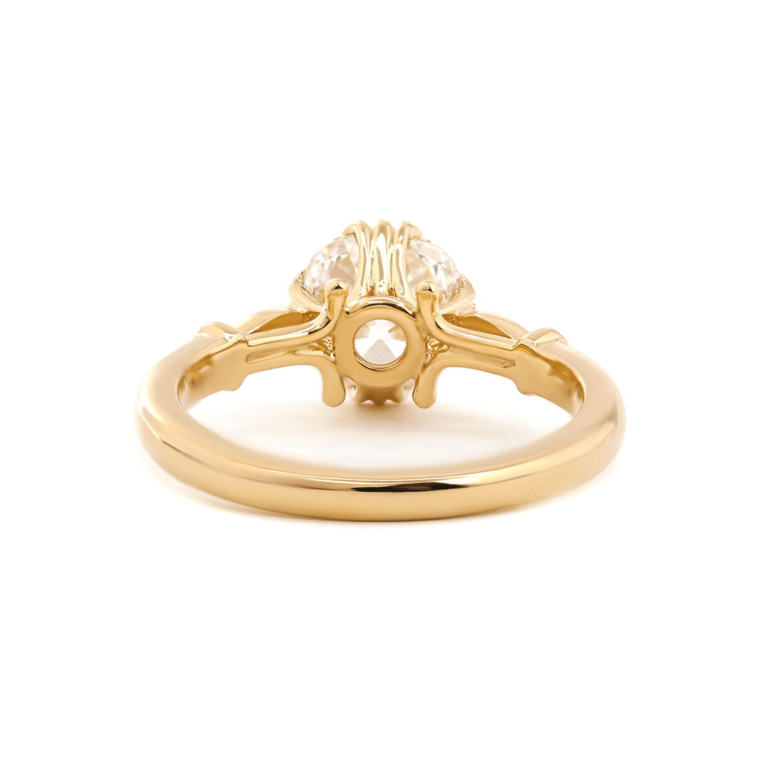 14K Yellow Gold 1.5ct Old Mine Cut Lab Grown Diamond Triple Prong Floral Basket Setting Vintage Ring – Art Nouveau Nature - Inspired Design - FIORESE JEWELRY