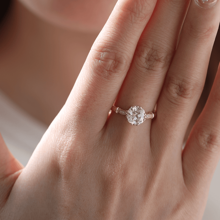 14K Yellow Gold 1.5ct Old Mine Cut Lab Grown Diamond Triple Prong Floral Basket Setting Vintage Ring – Art Nouveau Nature - Inspired Design - FIORESE JEWELRY