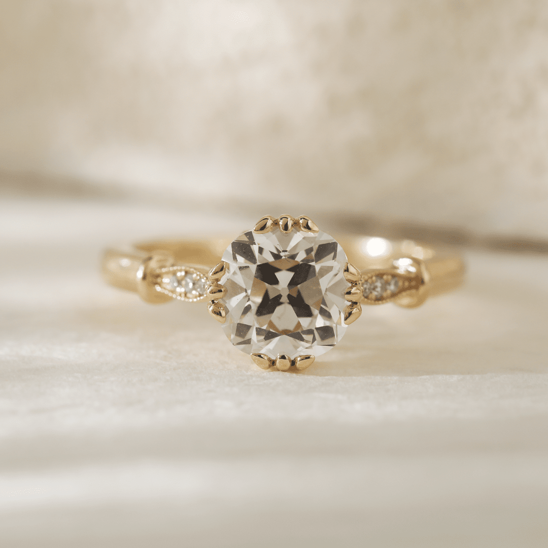 14K Yellow Gold 1.5ct Old Mine Cut Lab Grown Diamond Triple Prong Floral Basket Setting Vintage Ring – Art Nouveau Nature - Inspired Design - FIORESE JEWELRY
