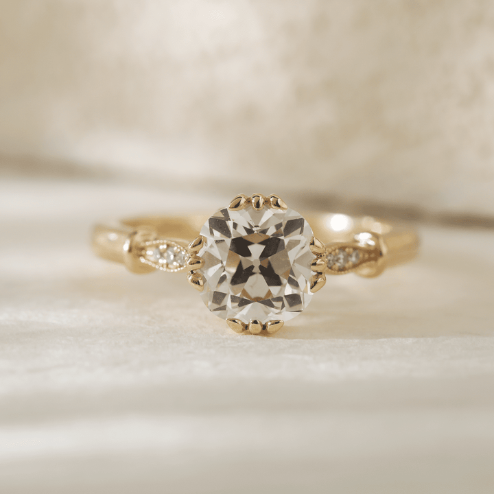 14K Yellow Gold 1.5ct Old Mine Cut Lab Grown Diamond Triple Prong Floral Basket Setting Vintage Ring – Art Nouveau Nature - Inspired Design - FIORESE JEWELRY