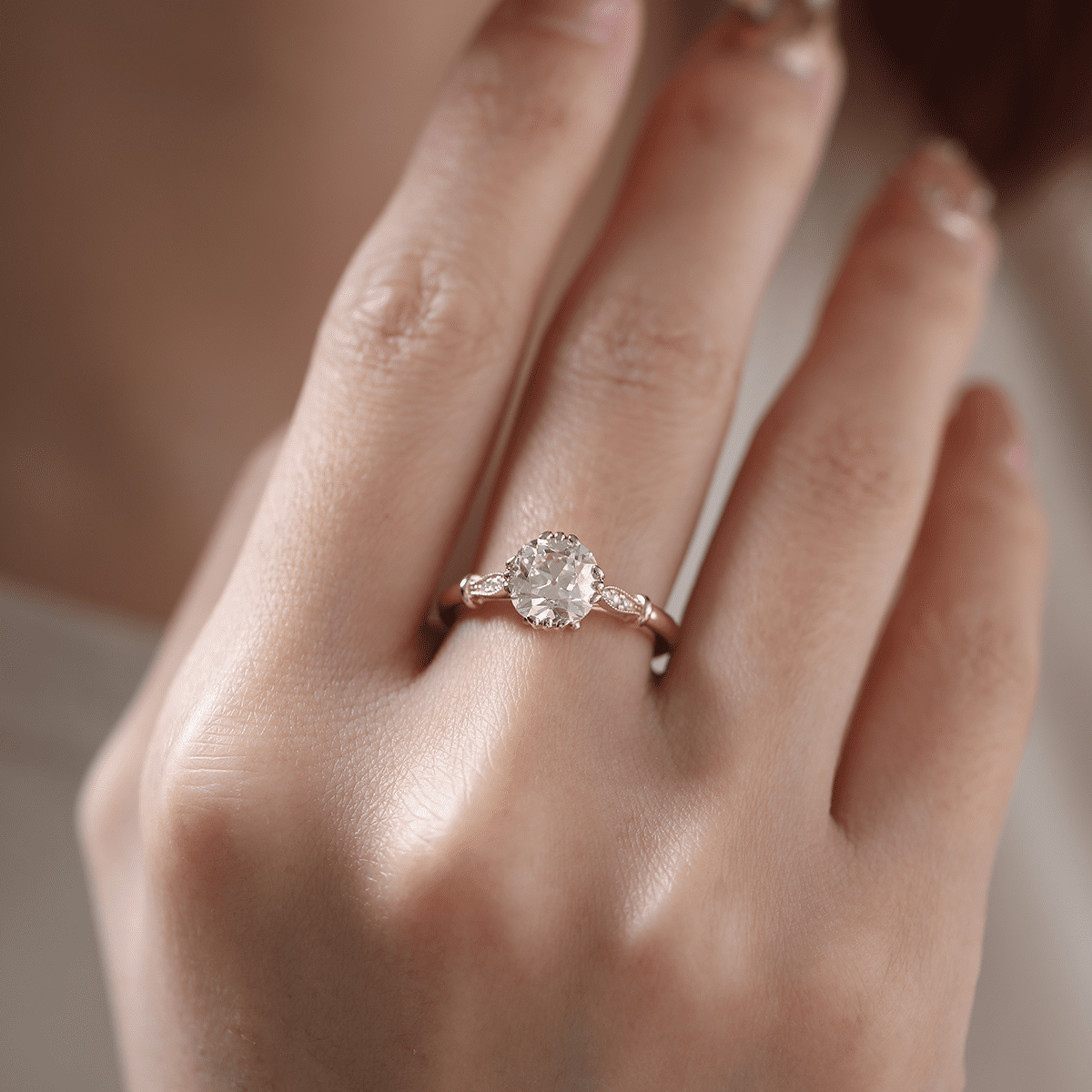 14K Yellow Gold 1.5ct Old Mine Cut Lab Grown Diamond Triple Prong Floral Basket Setting Vintage Ring – Art Nouveau Nature - Inspired Design - FIORESE JEWELRY