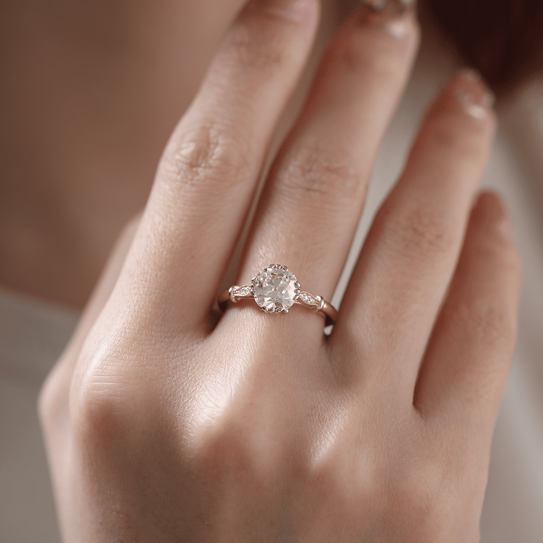14K Yellow Gold 1.5ct Old Mine Cut Lab Grown Diamond Triple Prong Floral Basket Setting Vintage Ring – Art Nouveau Nature - Inspired Design - FIORESE JEWELRY