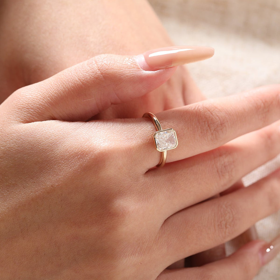 14K Yellow Gold 1.5ct Radiant Cut Lab Diamond Bezel Setting Solitaire Ring - FIORESE JEWELRY