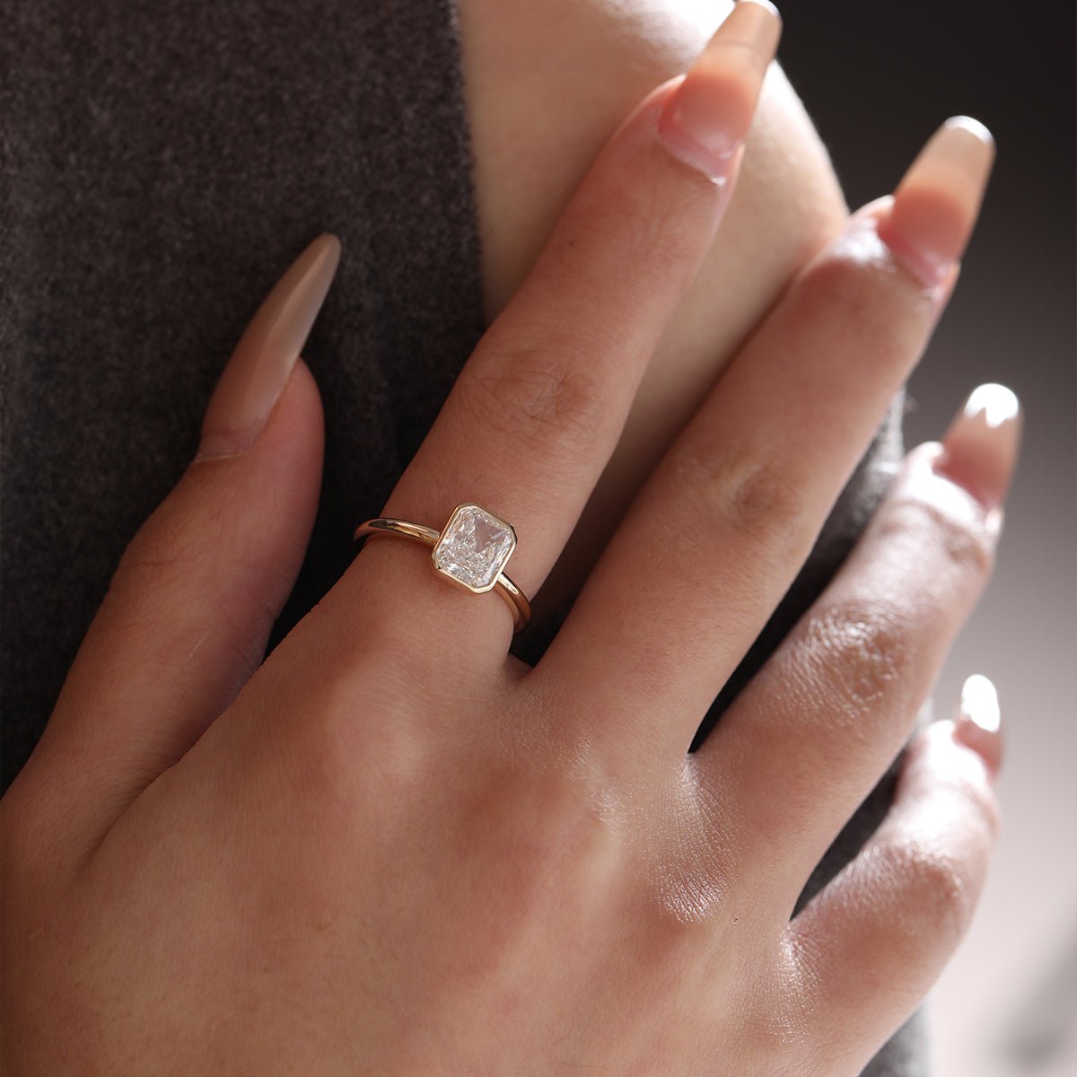 14K Yellow Gold 1.5ct Radiant Cut Lab Diamond Bezel Setting Solitaire Ring - FIORESE JEWELRY