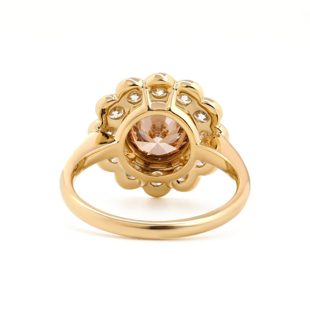 14K Yellow Gold 1.5ct Round Cut Light Brown Lab Diamond Bezel Ring with Roound Lab Diamond Halo - FIORESE JEWELRY