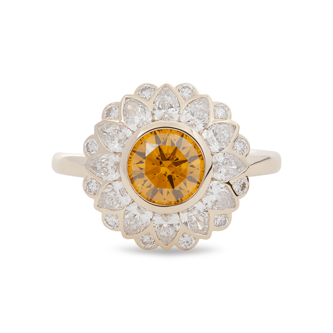 14K Yellow Gold 1.5ct Round Cut Yellow Lab Diamond Nature - Inspired Sunflower Halo Ring - FIORESE JEWELRY