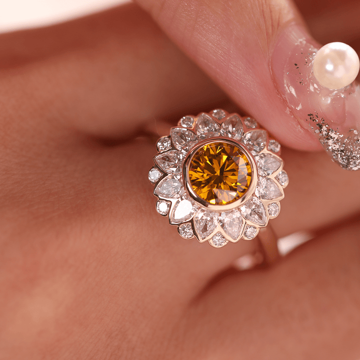 14K Yellow Gold 1.5ct Round Cut Yellow Lab Diamond Nature - Inspired Sunflower Halo Ring - FIORESE JEWELRY