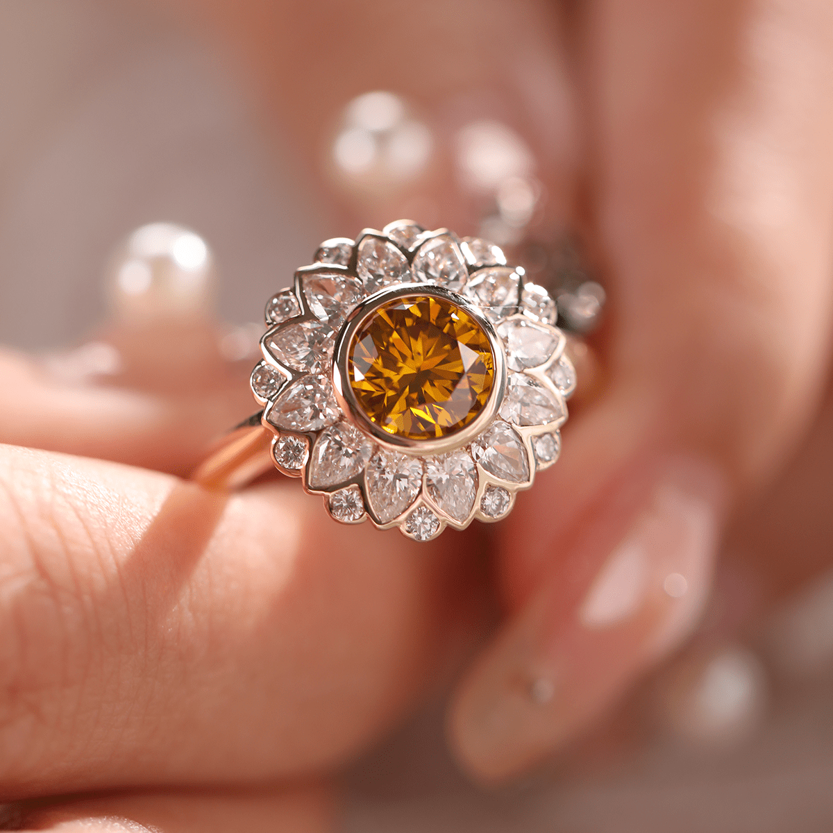 14K Yellow Gold 1.5ct Round Cut Yellow Lab Diamond Nature-Inspired Sunflower Halo Ring