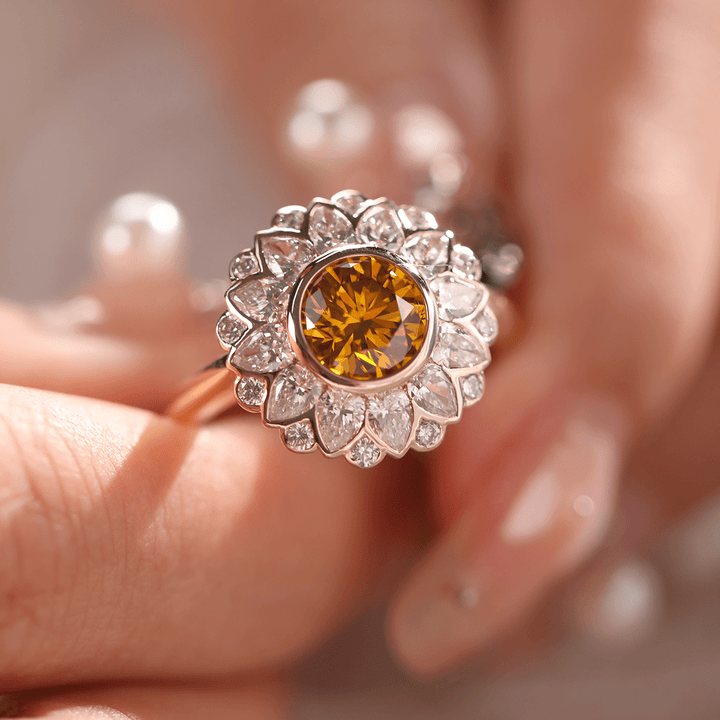 14K Yellow Gold 1.5ct Round Cut Yellow Lab Diamond Nature - Inspired Sunflower Halo Ring - FIORESE JEWELRY
