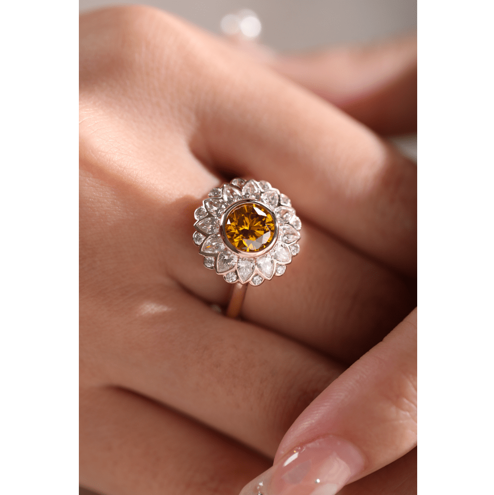 14K Yellow Gold 1.5ct Round Cut Yellow Lab Diamond Nature - Inspired Sunflower Halo Ring - FIORESE JEWELRY