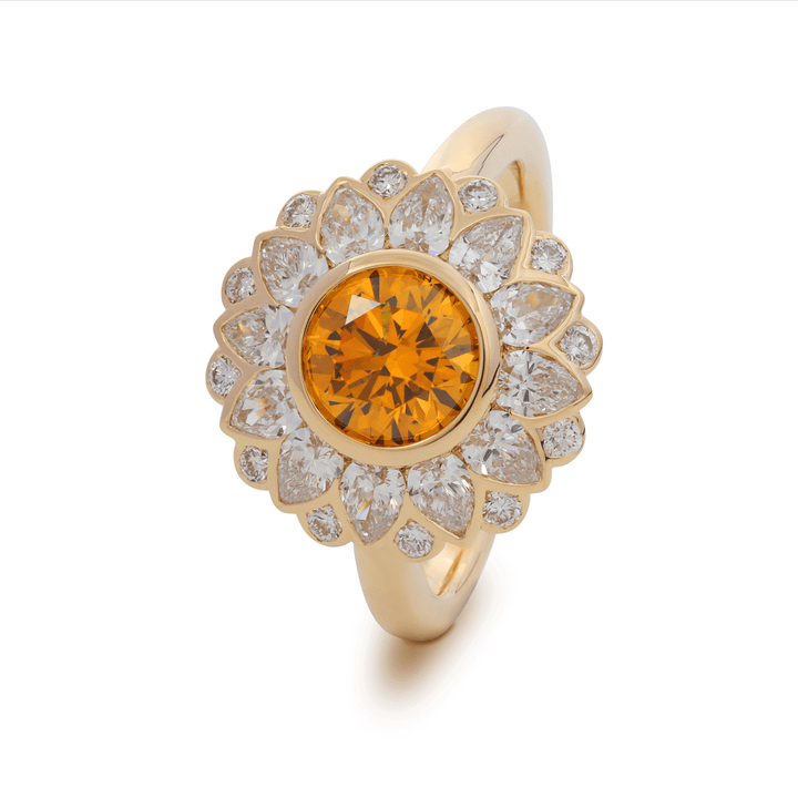 14K Yellow Gold 1.5ct Round Cut Yellow Lab Diamond Nature - Inspired Sunflower Halo Ring - FIORESE JEWELRY