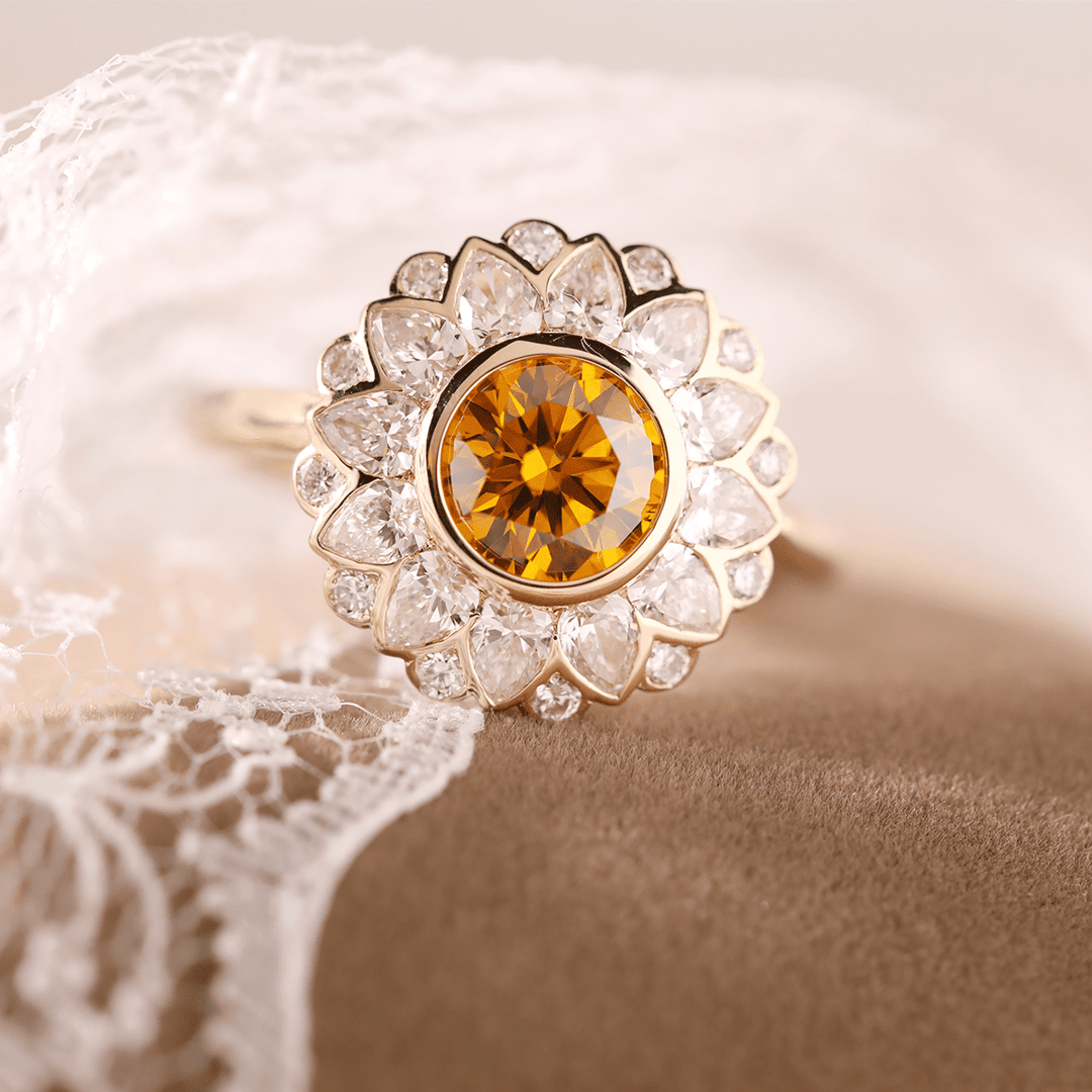 14K Yellow Gold 1.5ct Round Cut Yellow Lab Diamond Nature - Inspired Sunflower Halo Ring - FIORESE JEWELRY
