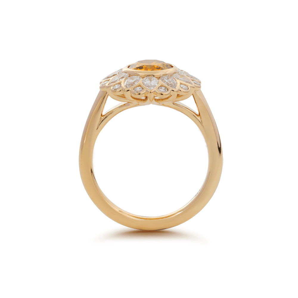 14K Yellow Gold 1.5ct Round Cut Yellow Lab Diamond Nature - Inspired Sunflower Halo Ring - FIORESE JEWELRY