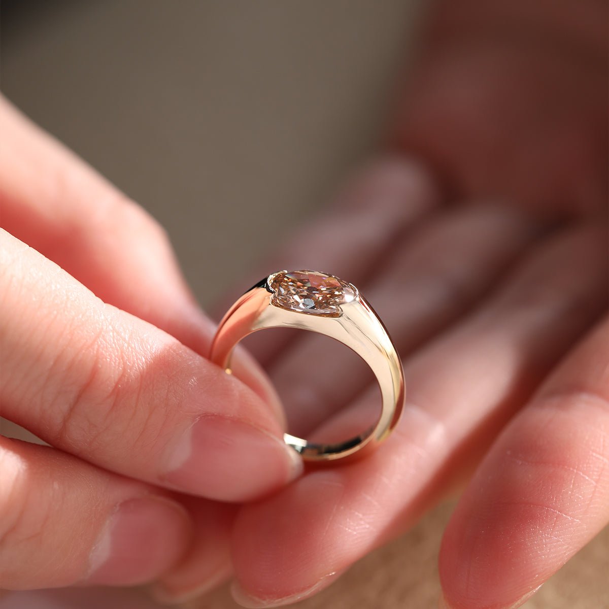 14K Yellow Gold 1.7ct Oval Champagne Color Old Mine Cut Lab Diamond Solitaire Hale Bezel Ring