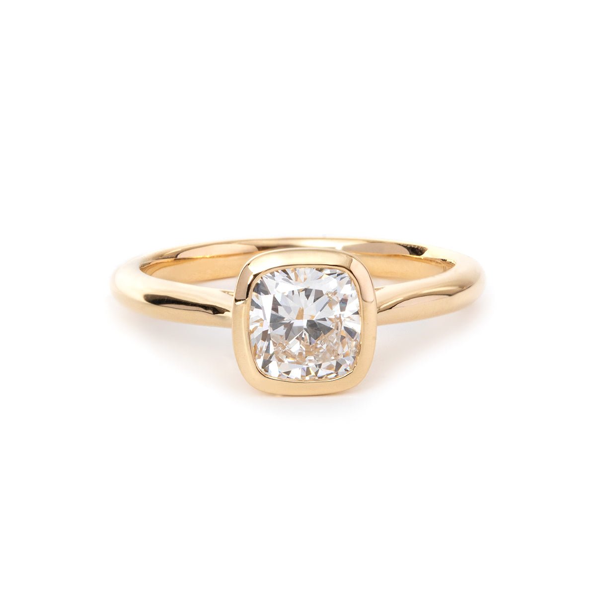 14K Yellow Gold 1ct Cushion Cut Lab Diamond Bezel Cathedral Setting Tapered Band Pinky Ring - FIORESE JEWELRY