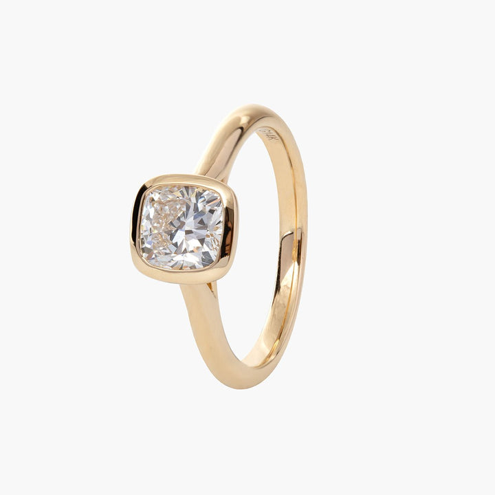14K Yellow Gold 1ct Cushion Cut Lab Diamond Bezel Cathedral Setting Tapered Band Pinky Ring - FIORESE JEWELRY