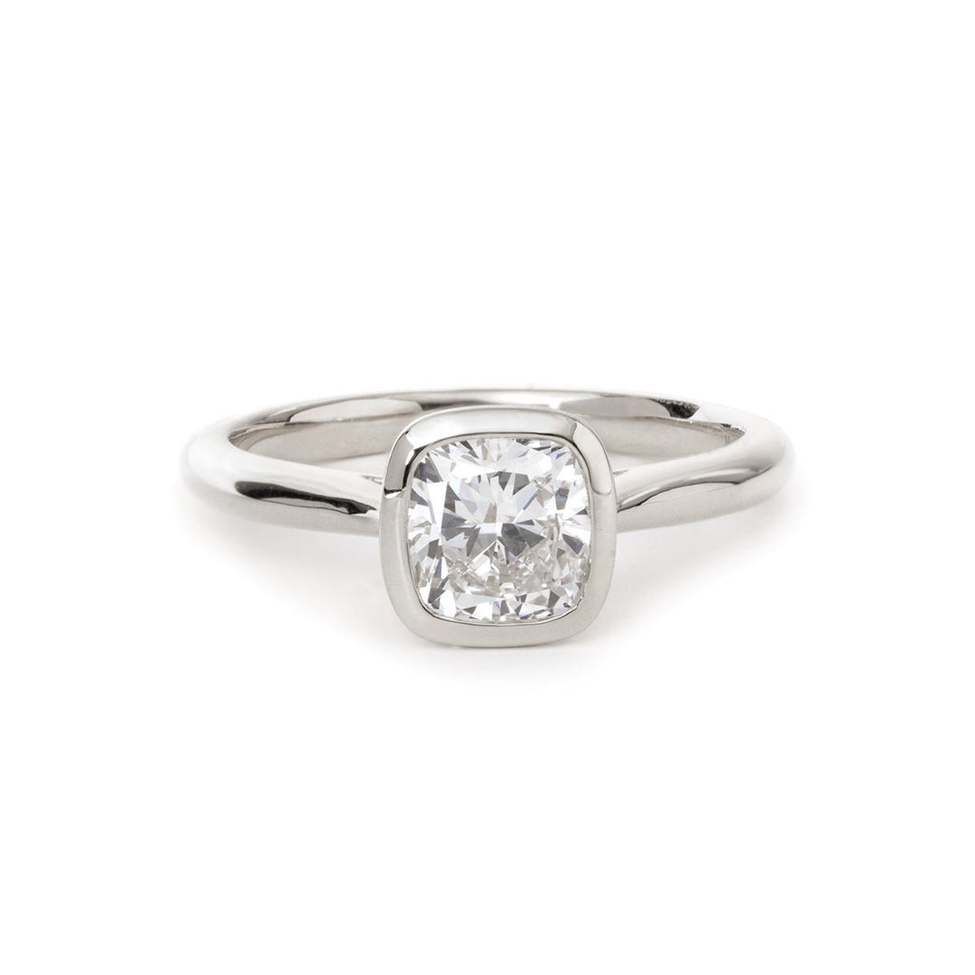 14K Yellow Gold 1ct Cushion Cut Lab Diamond Bezel Cathedral Setting Tapered Band Pinky Ring - FIORESE JEWELRY