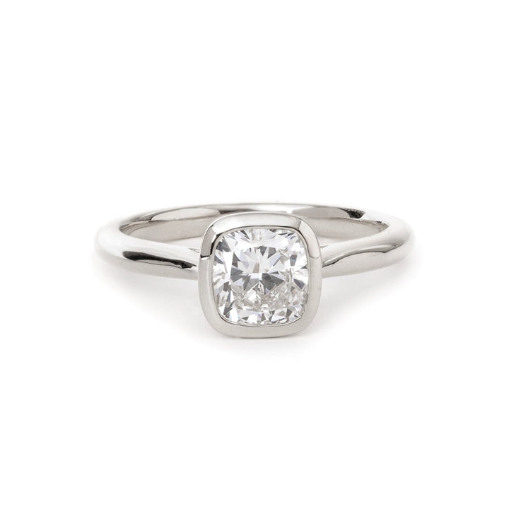 14K Yellow Gold 1ct Cushion Cut Lab Diamond Bezel Cathedral Setting Tapered Band Pinky Ring - FIORESE JEWELRY