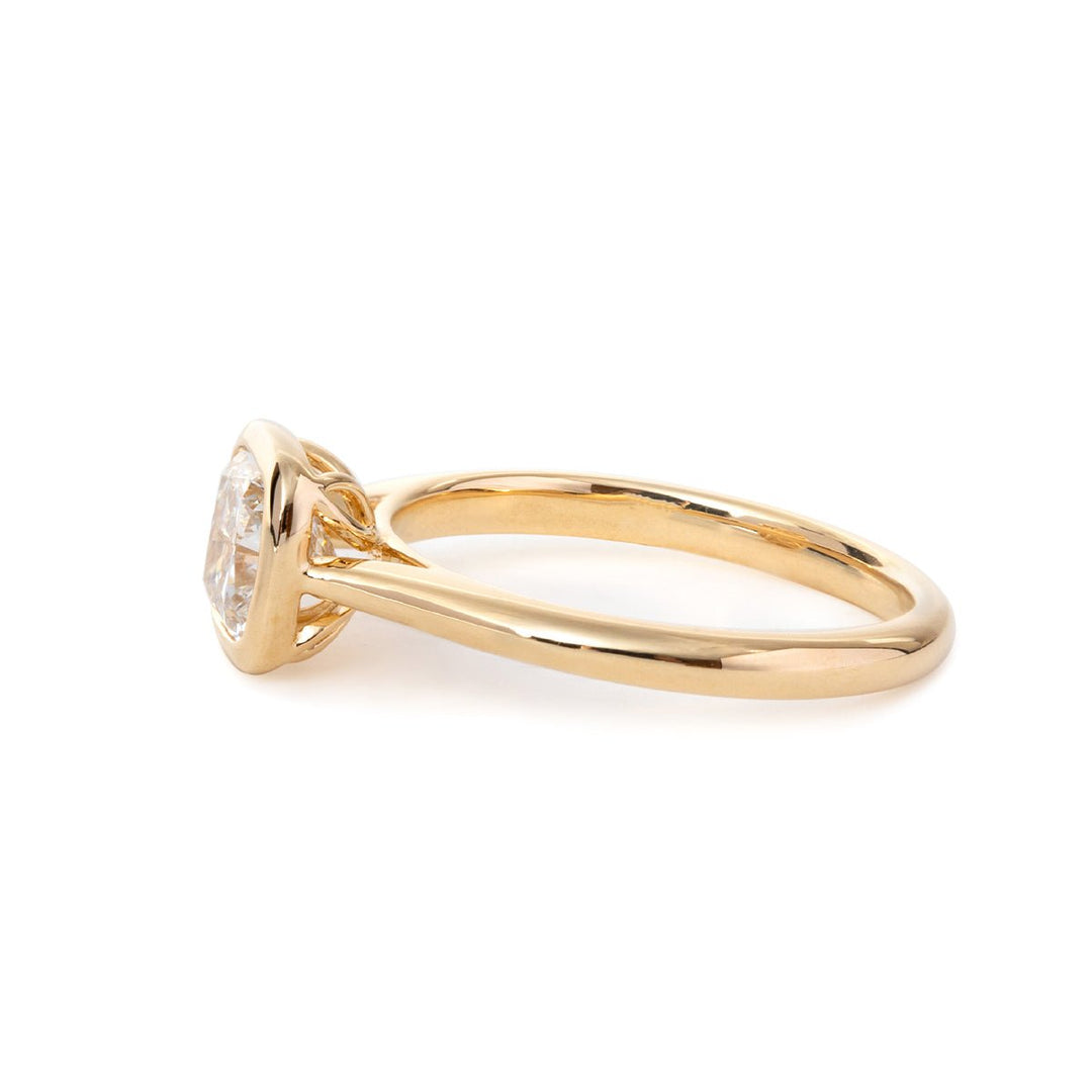 14K Yellow Gold 1ct Cushion Cut Lab Diamond Bezel Cathedral Setting Tapered Band Pinky Ring - FIORESE JEWELRY