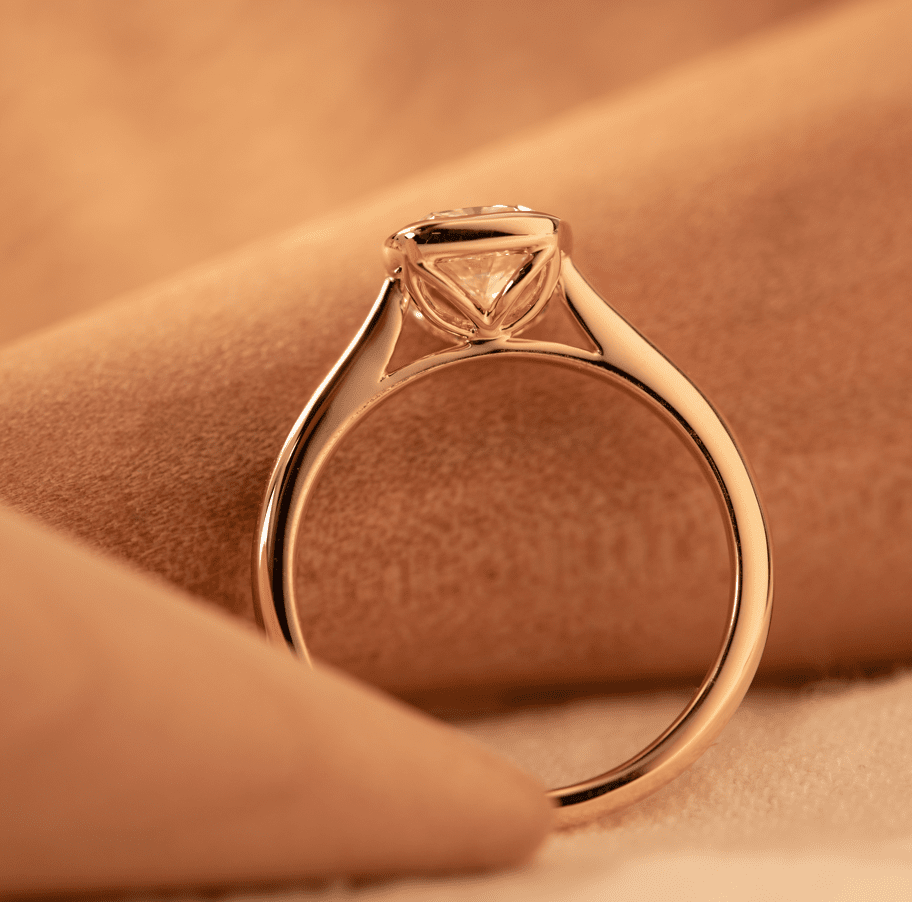 14K Yellow Gold 1ct Cushion Cut Lab Diamond Bezel Cathedral Setting Tapered Band Pinky Ring - FIORESE JEWELRY