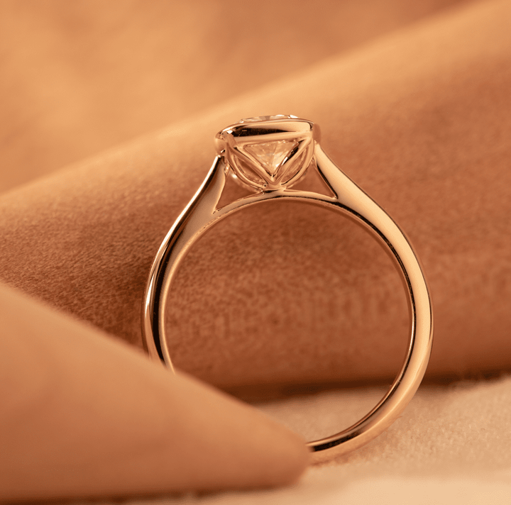 14K Yellow Gold 1ct Cushion Cut Lab Diamond Bezel Cathedral Setting Tapered Band Pinky Ring - FIORESE JEWELRY