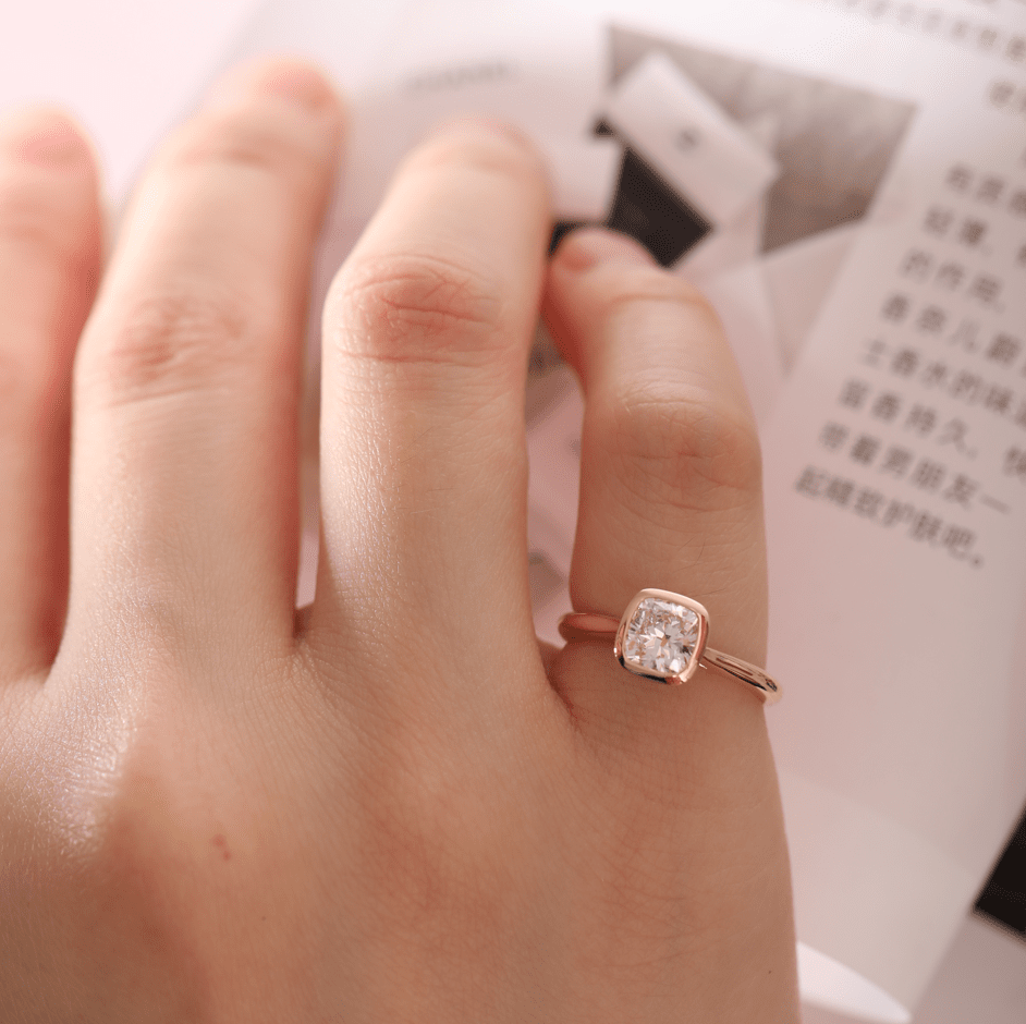 14K Yellow Gold 1ct Cushion Cut Lab Diamond Bezel Cathedral Setting Tapered Band Pinky Ring - FIORESE JEWELRY