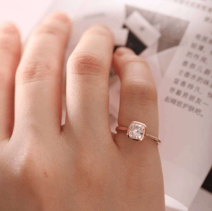 14K Yellow Gold 1ct Cushion Cut Lab Diamond Bezel Cathedral Setting Tapered Band Pinky Ring - FIORESE JEWELRY