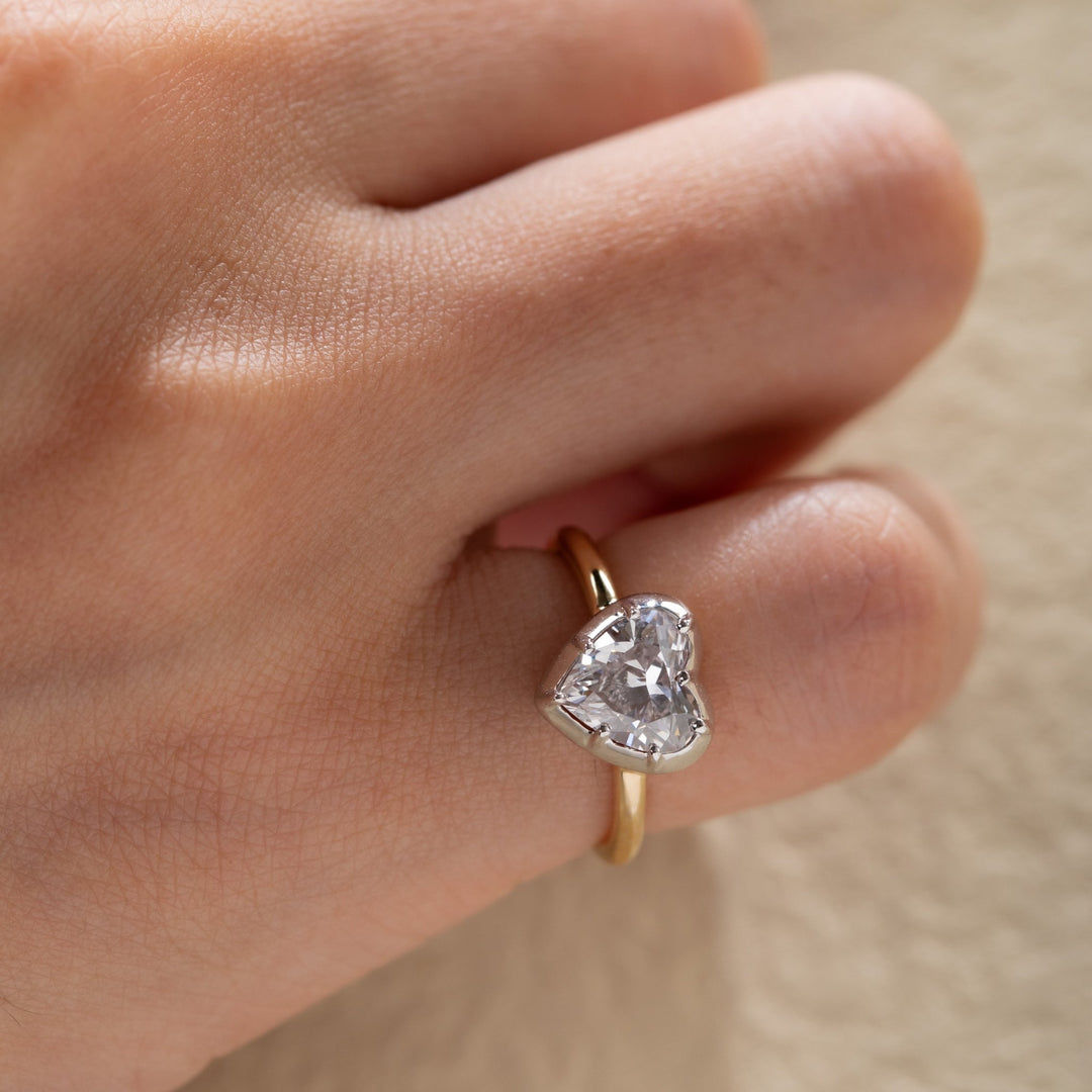 14K Yellow Gold 1ct Heart Shaped Lab Diamond Ring with White Gold Bezel Setting - FIORESE JEWELRY