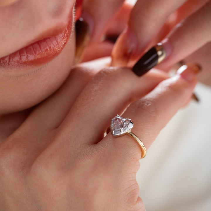 14K Yellow Gold 1ct Heart Shaped Lab Diamond Ring with White Gold Bezel Setting - FIORESE JEWELRY