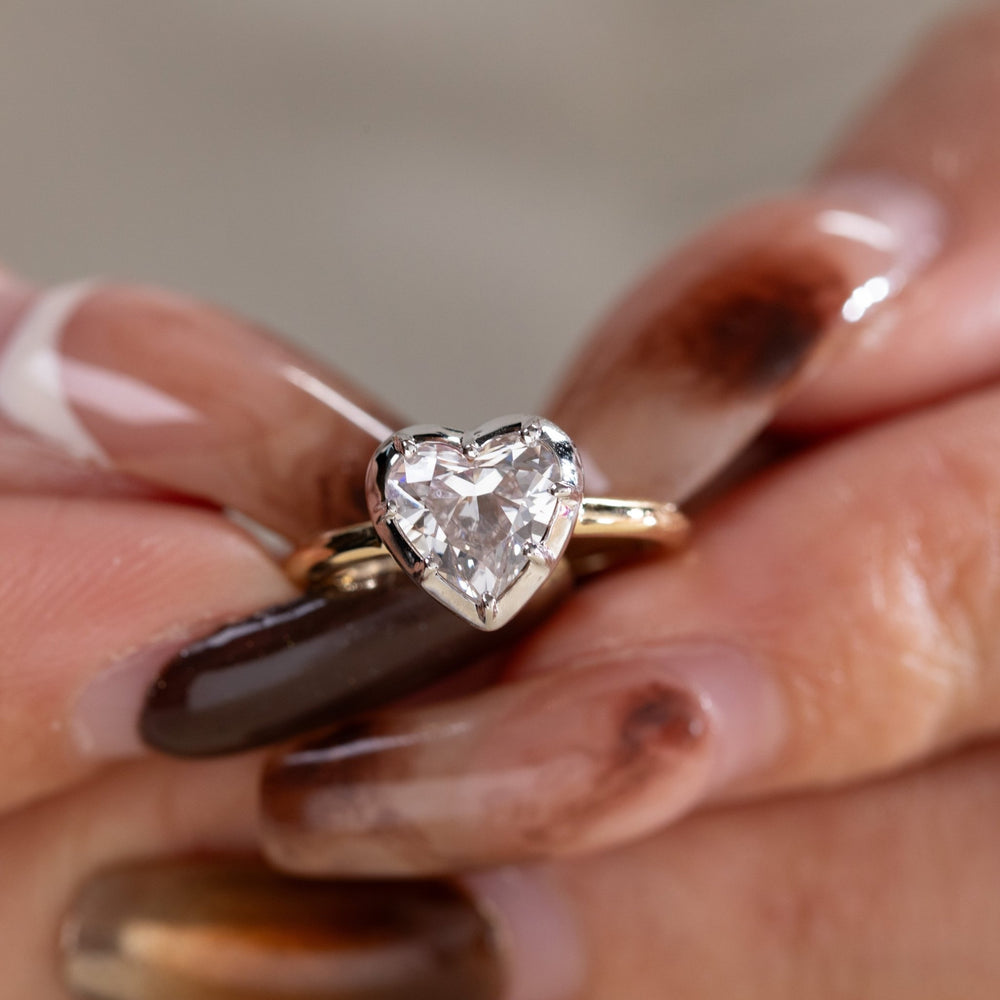 14K Yellow Gold 1ct Heart Shaped Lab Diamond Ring with White Gold Bezel Setting - FIORESE JEWELRY