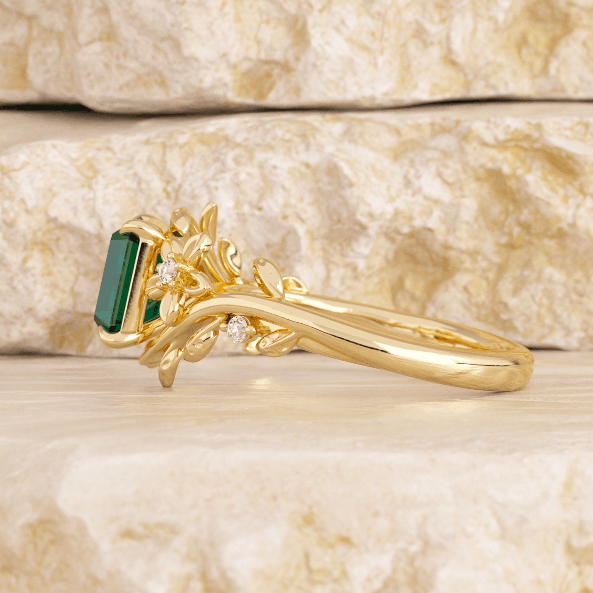 14K Yellow Gold 1ct Lab Emerald Art Nouveau Nature - Inspired Ring with Round Lab Diamond Side - stones - FIORESE JEWELRY