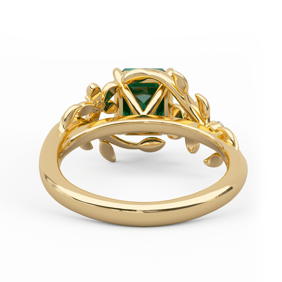 14K Yellow Gold 1ct Lab Emerald Art Nouveau Nature-Inspired Ring with Round Lab Diamond Side-stones