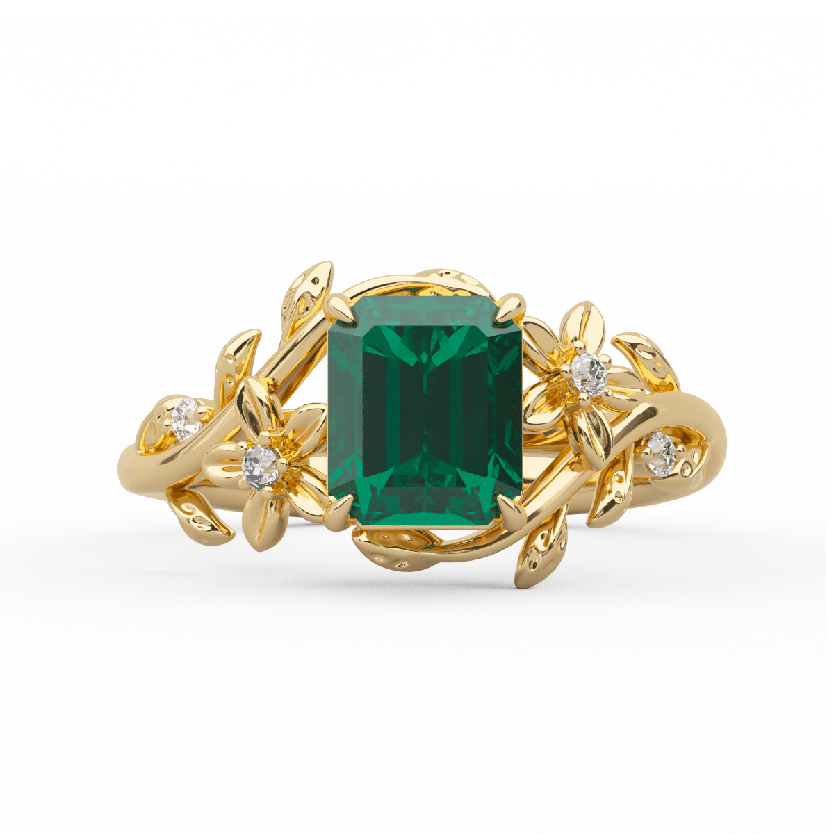 14K Yellow Gold 1ct Lab Emerald Art Nouveau Nature - Inspired Ring with Round Lab Diamond Side - stones - FIORESE JEWELRY