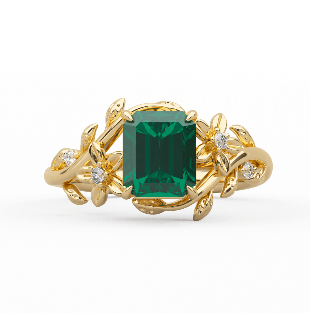 14K Yellow Gold 1ct Lab Emerald Art Nouveau Nature - Inspired Ring with Round Lab Diamond Side - stones - FIORESE JEWELRY