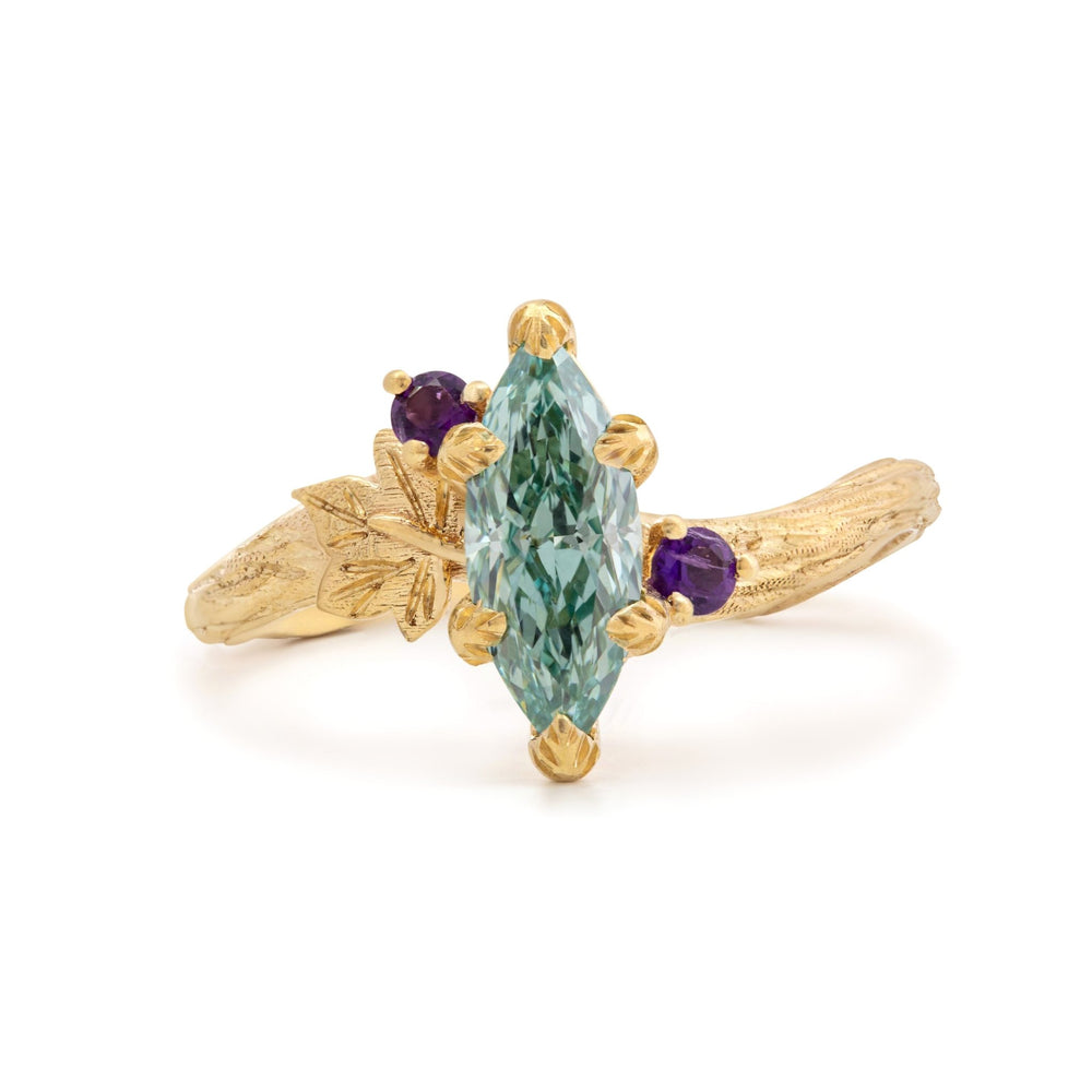 14K Yellow Gold 1ct Marquise Lab Diamond Wavy Ring – Art Nouveau Nature - Inspired Bark Texture Design - FIORESE JEWELRY
