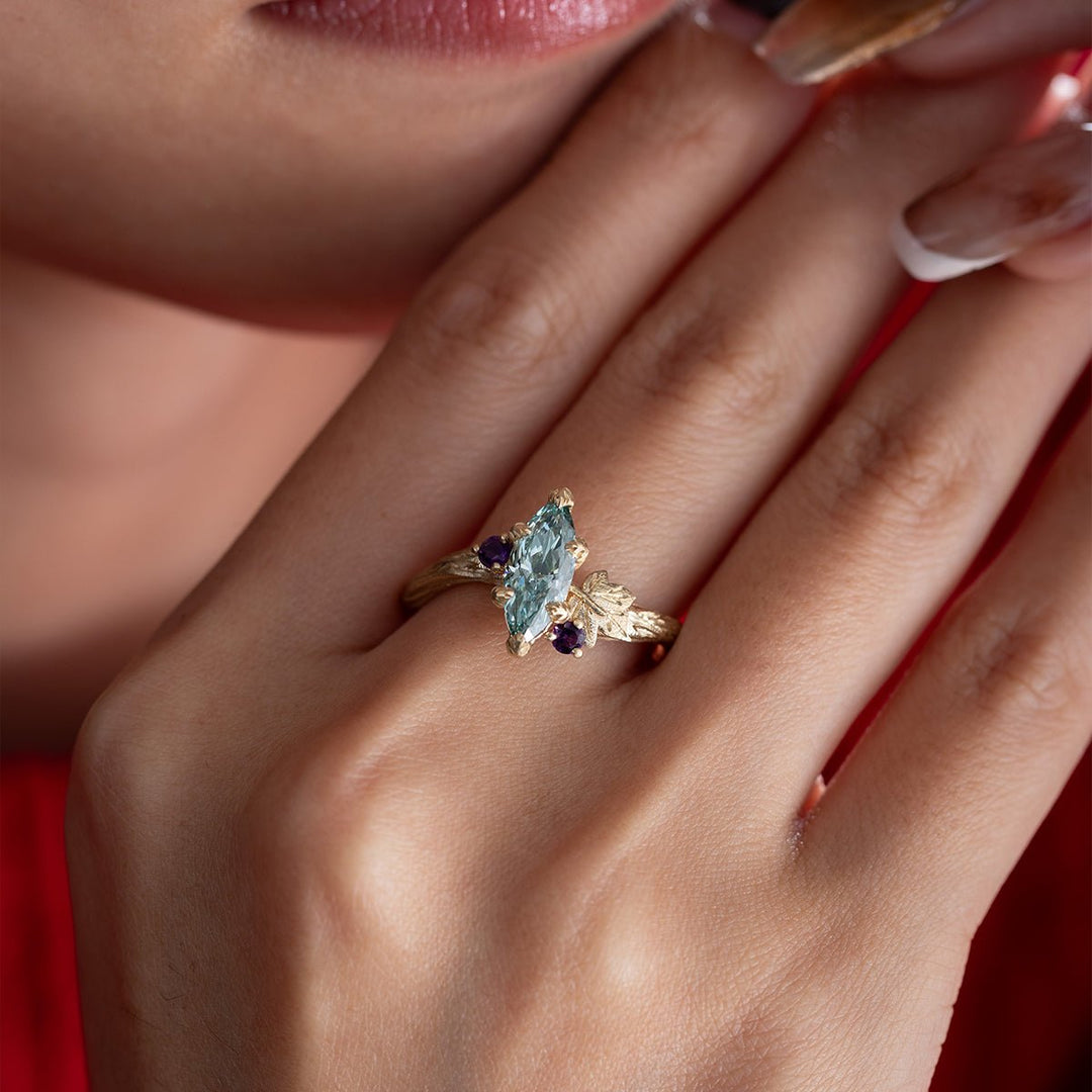 14K Yellow Gold 1ct Marquise Lab Diamond Wavy Ring – Art Nouveau Nature - Inspired Bark Texture Design - FIORESE JEWELRY
