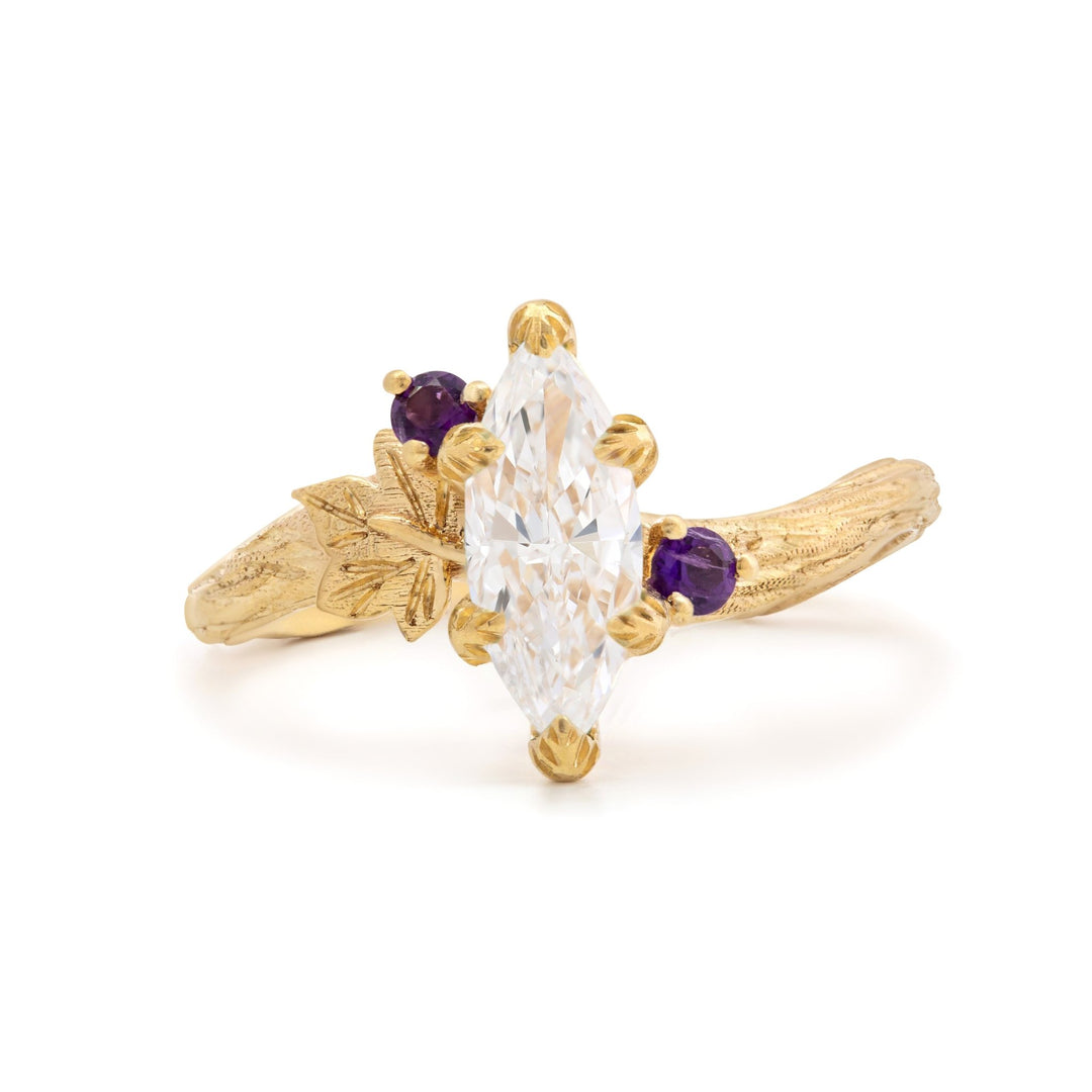 14K Yellow Gold 1ct Marquise Lab Diamond Wavy Ring – Art Nouveau Nature - Inspired Bark Texture Design - FIORESE JEWELRY